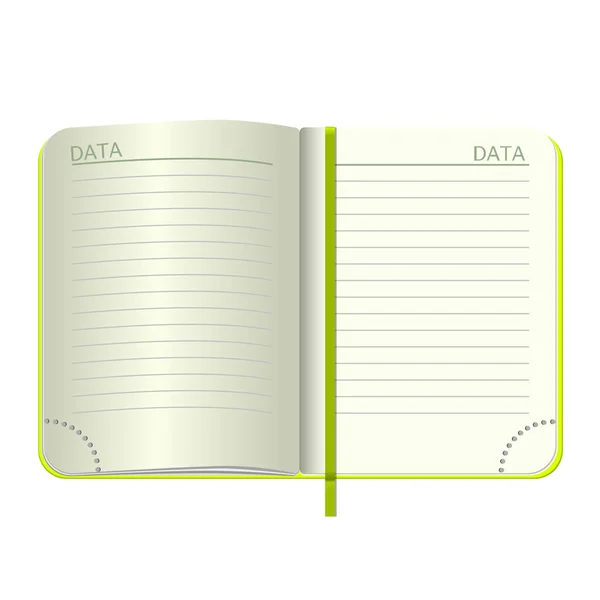 模板打开一个空白的记事本。矢量与绿色的封面和书签的个人笔记本。白色背景上的孤立。您设计的样机. — 图库矢量图片