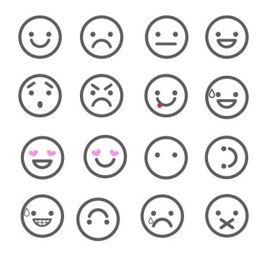 Emoji simgeler uygulamaları ve sohbet için ayarlayın. Beyaz arka plan üzerinde izole farklı duygular ile emoticons.