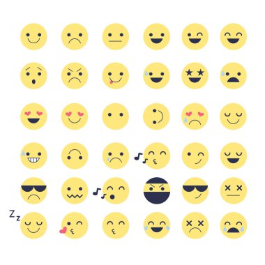 Emoji simgeler uygulamaları ve sohbet için ayarlayın. Beyaz arka plan üzerinde izole farklı duygular ile emoticons.
