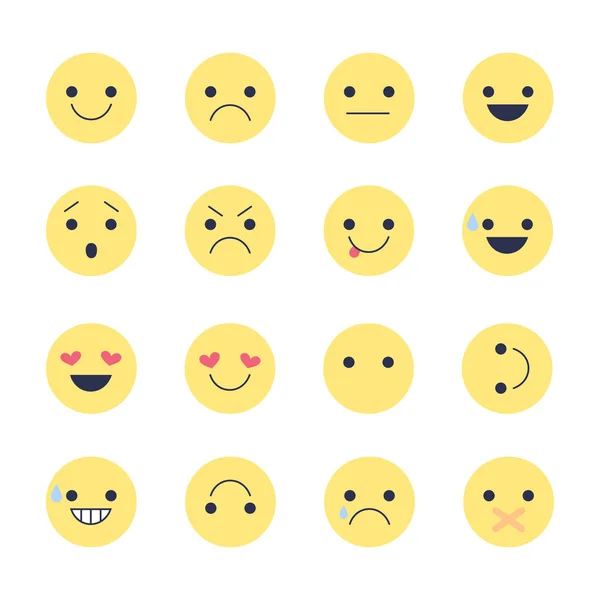 Atur ikon Emoji untuk aplikasi dan percakapan. Emoticon dengan emosi yang berbeda Terisolasi pada latar belakang putih . - Stok Vektor