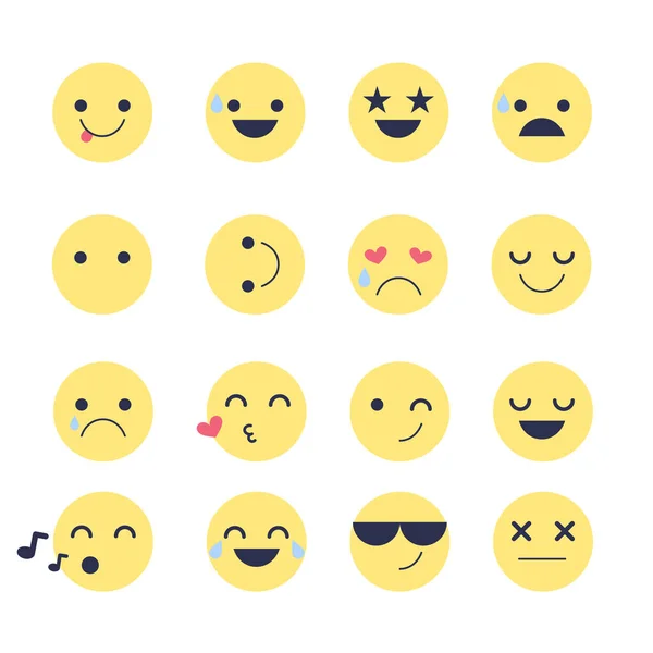 Atur ikon Emoji untuk aplikasi dan percakapan. Emoticon dengan emosi yang berbeda Terisolasi pada latar belakang putih . - Stok Vektor