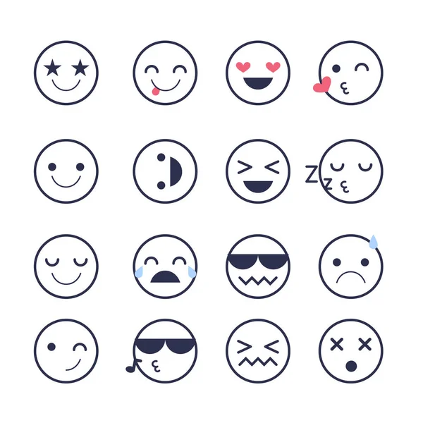 Emoji simgeler uygulamaları ve sohbet için ayarlayın. Beyaz arka plan üzerinde izole farklı duygular ile emoticons. — Stok Vektör