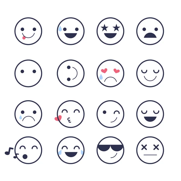 Atur ikon Emoji untuk aplikasi dan percakapan. Emoticon dengan emosi yang berbeda Terisolasi pada latar belakang putih . - Stok Vektor