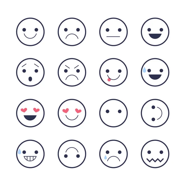 Establecer iconos Emoji para aplicaciones y chat. Emoticones con diferentes emociones aisladas sobre fondo blanco . — Vector de stock