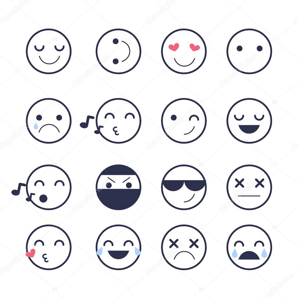 Set Emoji icons for applications and chat. Emoticons with different emotions isolated on white background.