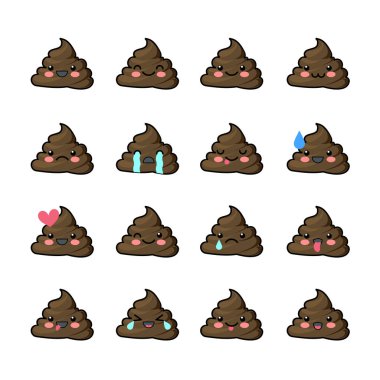 Gülümseyen yüzler, sembol, emoji, ifadeler, vektör çizim bok simgeler kümesi.