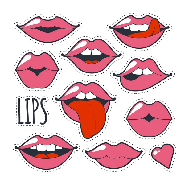 Glamoureuze eigenzinnige pictogrammen instellen Vectorillustratie voor mode ontwerp. Helder roze make-up kiss mark. Gepassioneerde lippen in cartoon stijl van de jaren 80 en 90 geïsoleerd op witte achtergrond. — Stockvector