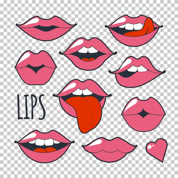 Establecer glamurosos iconos peculiares. Ilustración vectorial para el diseño de moda. Marca de beso de maquillaje rosa brillante. Labios apasionados en estilo de dibujos animados de los años 80 y 90 aislados sobre un fondo transparente . — Archivo Imágenes Vectoriales