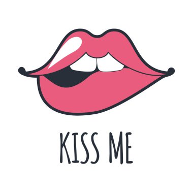 Dudaklar öpüşür. Vektör yaması, etiketi beyaza izole edilmiş. Havalı seksi kırmızı öpücük. Baskı için Selphie çizgi filmi. Çizgi roman, moda, pop sanat, retro tarzı 80 'ler.