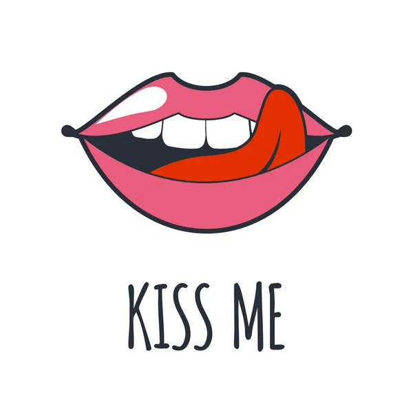 Beso de labios. Parche vectorial, pegatina aislada en blanco. Cool sexy rojo besado. Selphie Caricatura Cartel para imprimir, en historietas, Moda, arte pop, estilo retro 80-s 90s — Archivo Imágenes Vectoriales