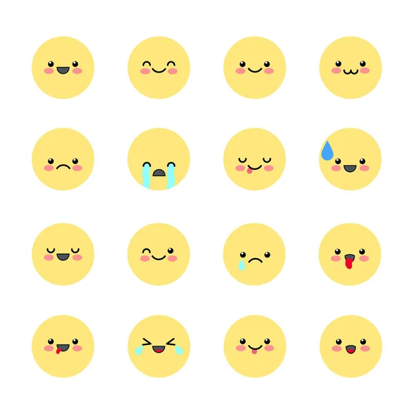 Встановити Emoji іконки для додатків і чат. Смайликів з різних емоцій, ізольовані на білому тлі. Векторна ілюстрація в стилі Каваї. — стоковий вектор