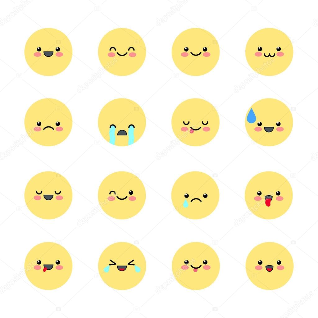 Set Emoji icons for applications and chat. Emoticons with different emotions isolated on white background. Vector illustration in kawaii style.