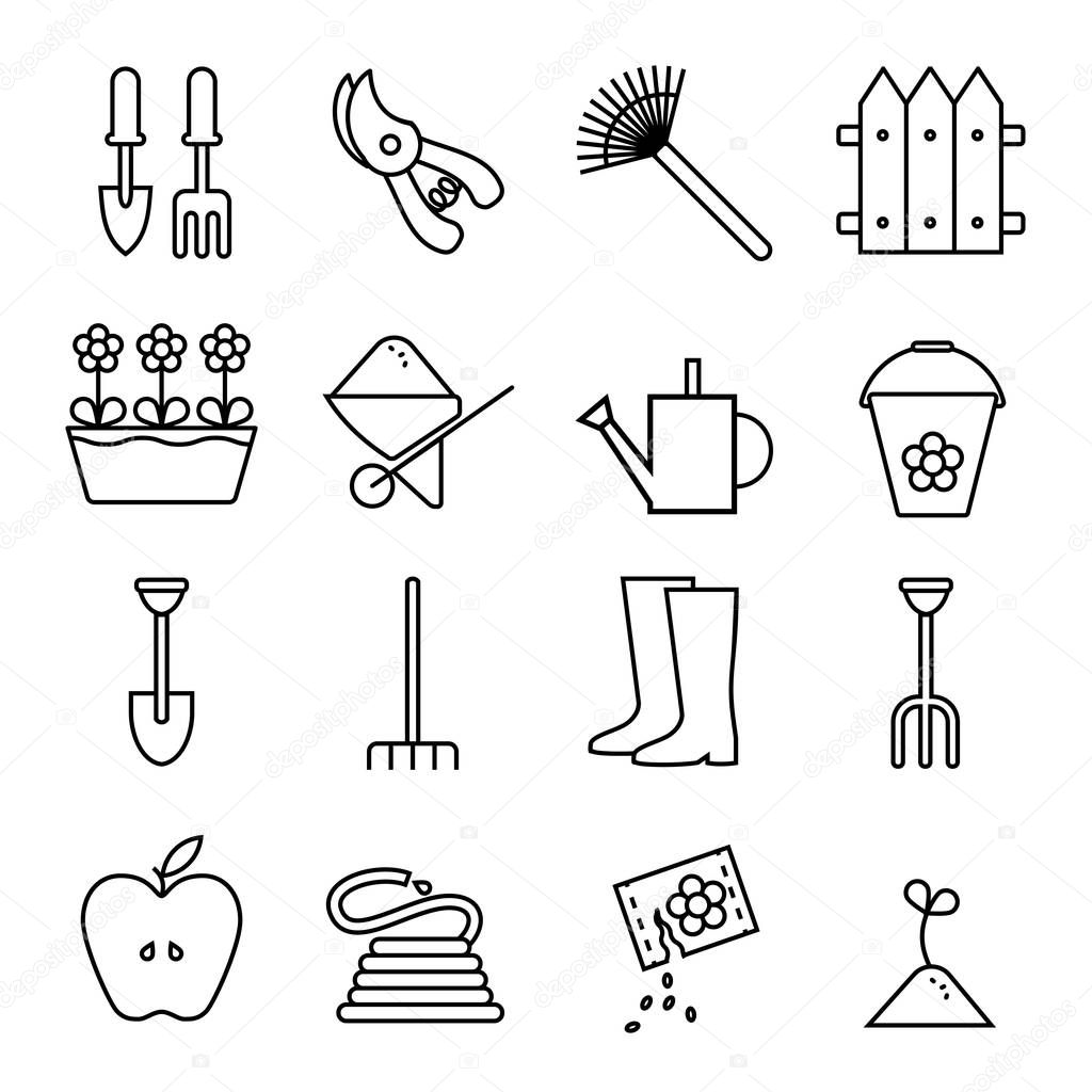 Set icons outline garden. Vector illustrations on white background.