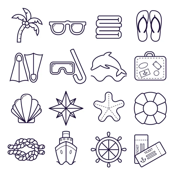 Strand resort lijn pictogrammen. Palm, zonnebrillen, slippers, duikbril, shell en andere vakantie-elementen. — Stockvector