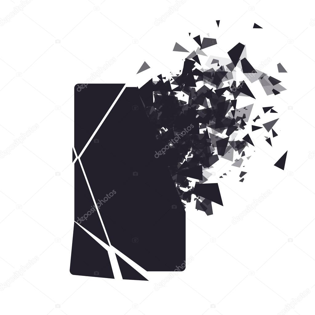 Cracked phone screen shatters into pieces. Broken smartphone split by the explosion. Display of the phone shattered. Modern gadget needs to be repaired.