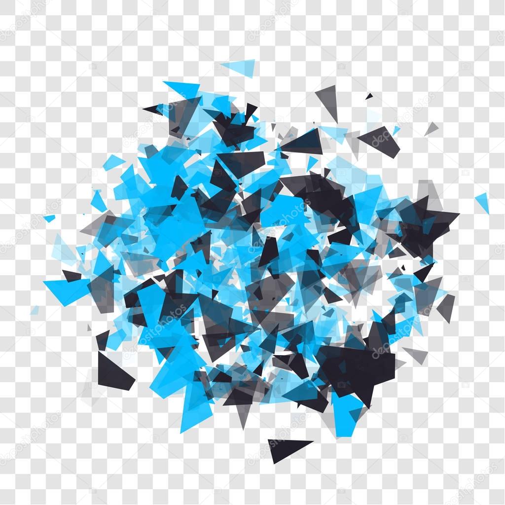 Abstract triangles particles with transparent shadows. Advertisement panel, infographic background, item showcase concept. Explosion cloud of black and blue pieces on transparent background.