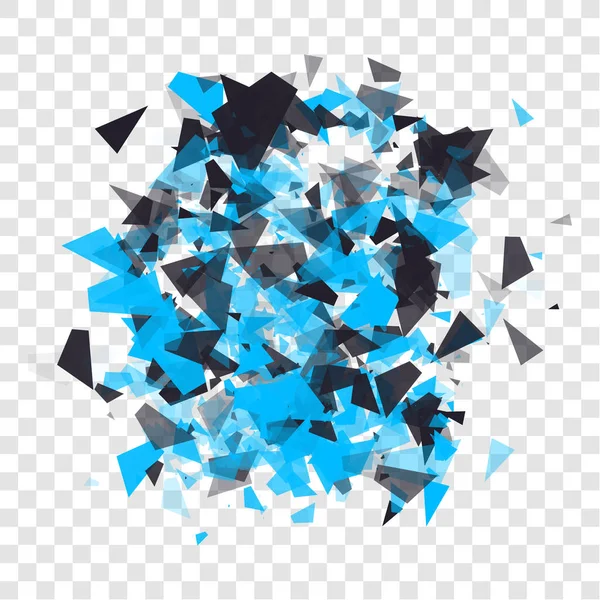Triángulos abstractos partículas con sombras transparentes. Panel publicitario, fondo infográfico, concepto de escaparate de artículos. Nube de explosión de piezas negras y azules sobre fondo transparente . — Archivo Imágenes Vectoriales