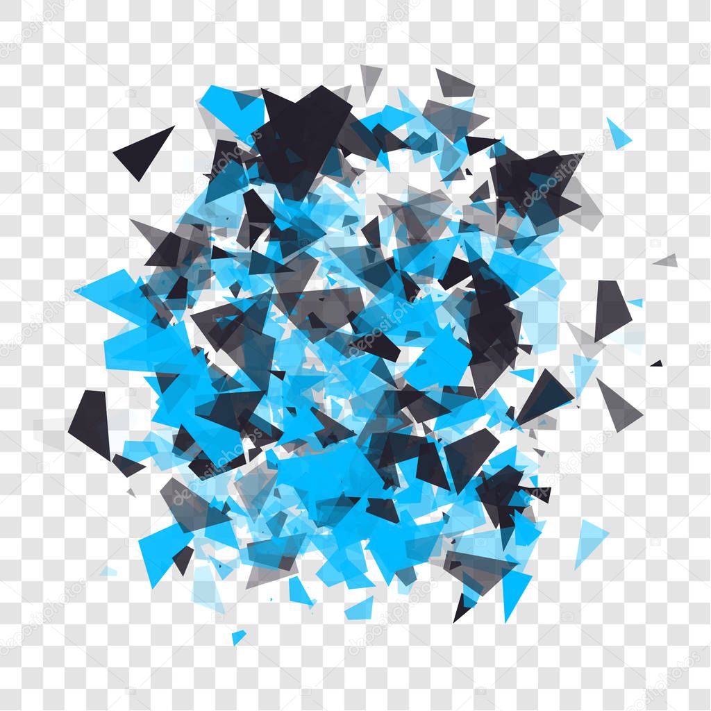 Abstract triangles particles with transparent shadows. Advertisement panel, infographic background, item showcase concept. Explosion cloud of black and blue pieces on transparent background.