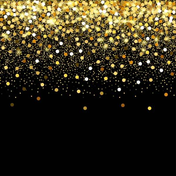 Falling golden particles on a black background. Scattered golden confetti. Rich luxury fashion backdrop. Bright shining gold. Gold round dots. — Stock Vector