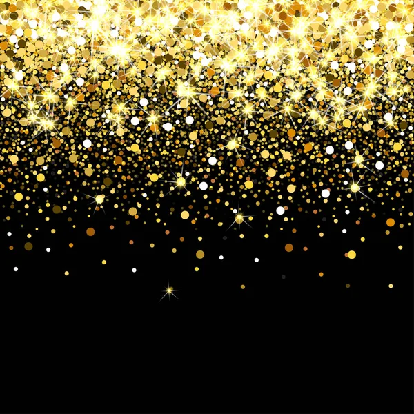 黒地に金色の粒子を落下します。散乱の金色の紙吹雪。豊富な高級ファッション背景。黄金に輝いていて明るい。ゴールドの丸い点. — ストックベクタ