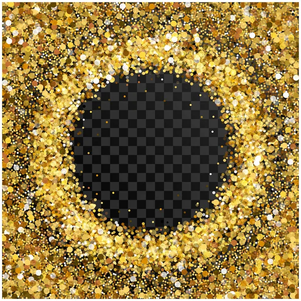 Cadre doré à paillettes avec espace vide pour le texte. Des confettis dorés éparpillés. Des points ronds dorés. De l'or brillant. riche luxe mode paillettes toile de fond . — Image vectorielle