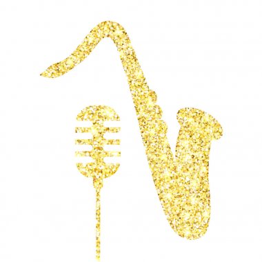 Altın glitter vektör yaşlı mikrofon ve saksafon. Altın sparcle retro mikrofon ve beyaz arka plan üzerinde saksafon. Amber parçacıklar altın konfeti öğesi.