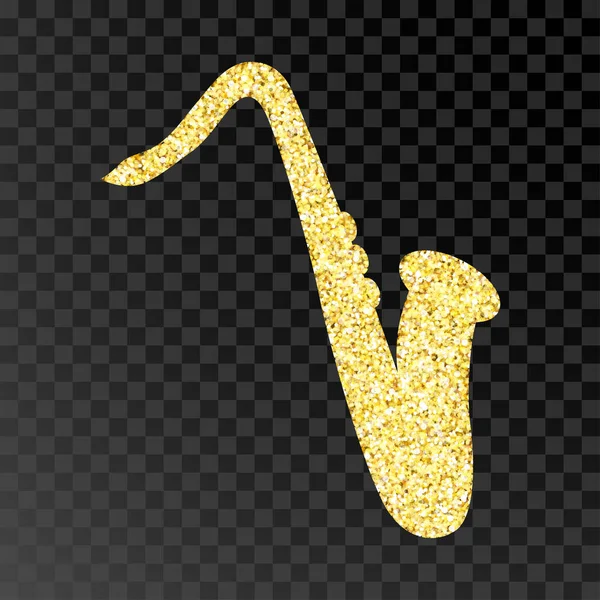 Saxofón vector brillo oro. Saxofón dorado sobre fondo negro transparente. Elemento confeti oro partículas ámbar . — Vector de stock