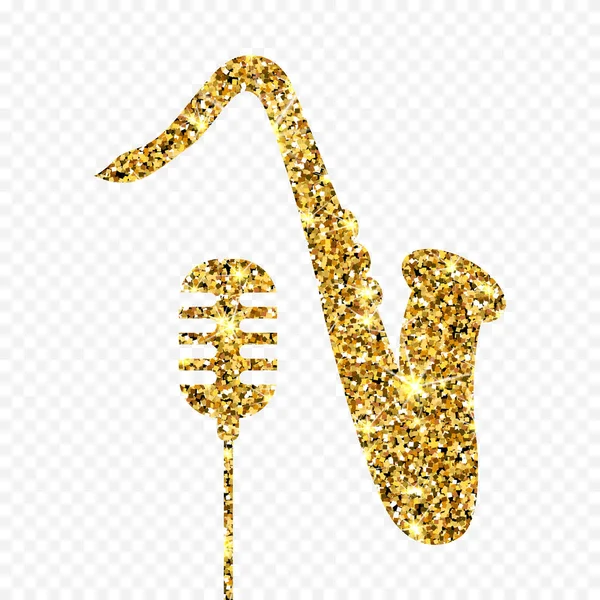 Gold glitter vector Antiguo micrófono y saxofón. Micrófono retro brillante dorado y saxofón sobre fondo transparente. Elemento confeti oro partículas ámbar . — Archivo Imágenes Vectoriales