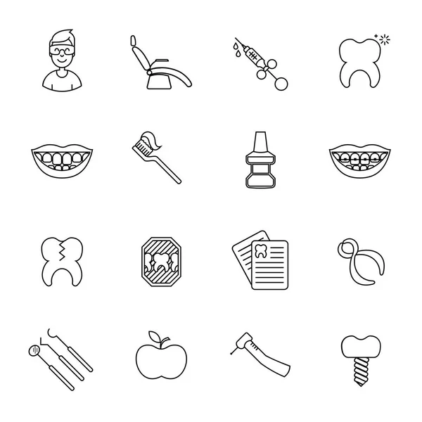 Set de odontología en estilo moderno de línea delgada. Alta calidad negro contorno dientes símbolos para el diseño del sitio web y aplicaciones móviles. Pictogramas odontológicos simples sobre fondo blanco . — Vector de stock