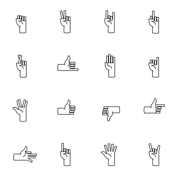 Hands, fingers line icons. Thumb up, like, dislike, and other hands elements. Palm thin linear signs for web.