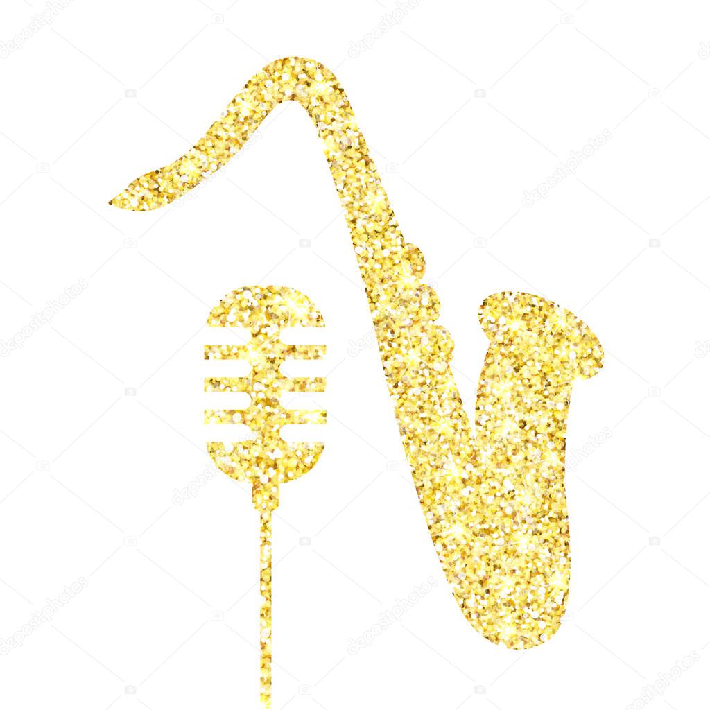 Gold glitter vector Old microphone and saxophone. Golden sparcle retro microphone and saxophone on white background. Amber particles gold confetti element.