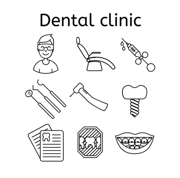 Conjunto de clínica dental en estilo moderno de línea delgada. Alta calidad negro contorno dientes símbolos para el diseño del sitio web y aplicaciones móviles. Pictogramas odontológicos simples sobre fondo blanco . — Archivo Imágenes Vectoriales