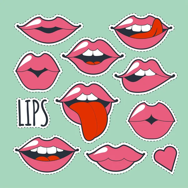 Glamoureuze eigenzinnige pictogrammen instellen Vectorillustratie voor mode ontwerp. Helder roze make-up kiss mark. Gepassioneerde lippen in cartoon stijl van de jaren 80 s en 90 s geïsoleerd op witte achtergrond. — Stockvector