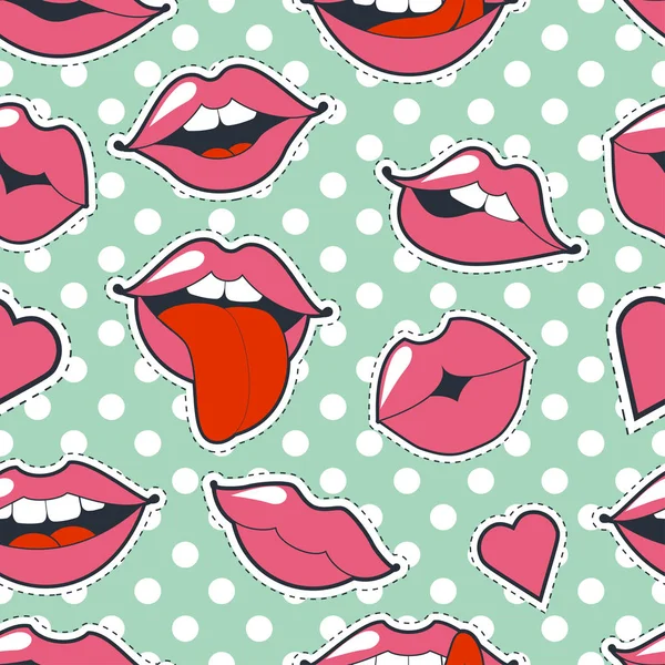 Glamourös schrulligen nahtlosen Hintergrund. Vektor-Illustration für Modedesign. leuchtend rosa Make-up Kuss-Markierung. leidenschaftliche Lippen im Cartoon-Stil der 80er und 90er Jahre vereinzelt mit Tupfen. — Stockvektor