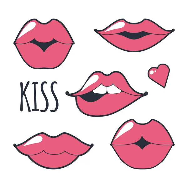 Verschiedene Frauen Lippen Vektor-Symbol gesetzt isoliert von weißem Hintergrund. rote Lippen schließen Mädchen auf. Form einen Kuss senden, Lippen küssen. Sammlung von Frauenmündern und bunten Lippen Symbol. — Stockvektor