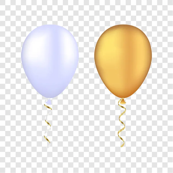 Vector de globos blancos y dorados sobre fondo transparente. 3d vacaciones felices realistas vuelo aire helio globo . — Vector de stock