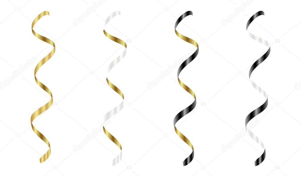 Gold, silver, white, black streamers set. Silver serpentine ribbons, isolated on white background. Decoration for party, birthday celebrate or Christmas carnival, New Year gift. Festival decor. Vector