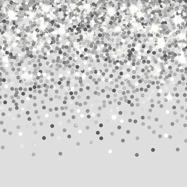 Falling silver particles on a black background. Scattered silver confetti. Rich luxury fashion backdrop. Bright shining glitter. Round dots. — Stock Vector
