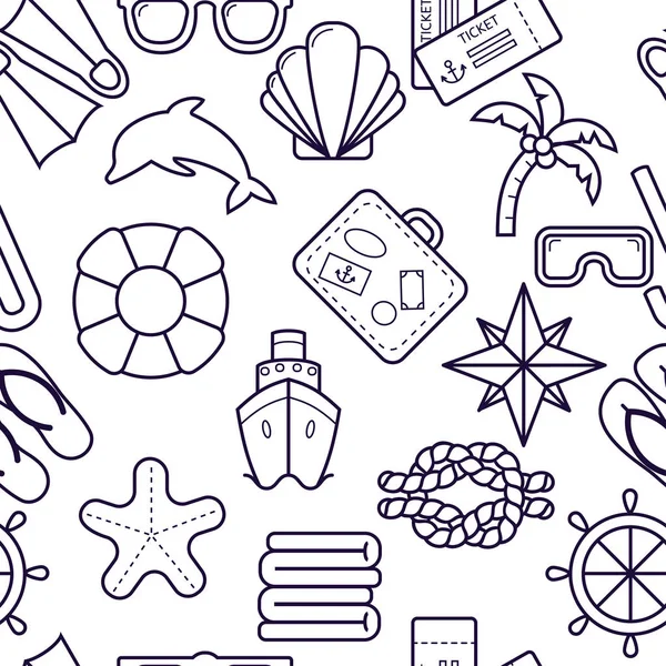 Beach resort sorunsuz. Palm, güneş gözlüğü, flip flop, Dalış maske, kabuk ve diğer tatil öğeleri arka plan. Deniz eğlence ince çizgi zemin.