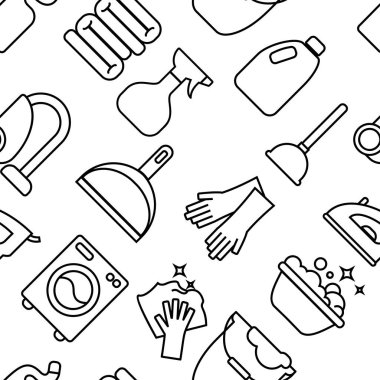 Temizleme, yıkama hattı simgeler. Çamaşır makinesi, sünger, paspas, demir, elektrikli süpürge, clining arka plan kürek. Ev temizliği için doğrusal ince zemin sipariş.