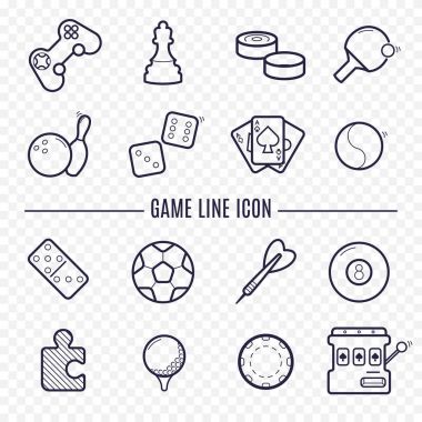 Oyun doğrusal simgeler. Boş zaman aktiviteleri pinpon, golf, Bilardo, Dart. Kumar, spor oyun çizgi simgeler.