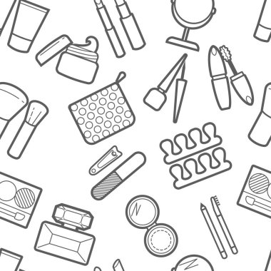 Kozmetik simless desen. Maskara, ruj, toz, göz farı, parfüm, krem, Vakfı, göz kalemi, ayna, saç tarak ve diğer kalıcı makyaj arka plan. Kalıcı makyaj visage zemin.