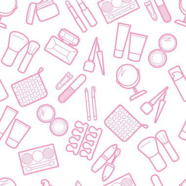 Kozmetik simless desen. Maskara, ruj, toz, göz farı, parfüm, krem, Vakfı, göz kalemi, ayna, saç tarak ve diğer kalıcı makyaj arka plan. Kalıcı makyaj visage zemin.