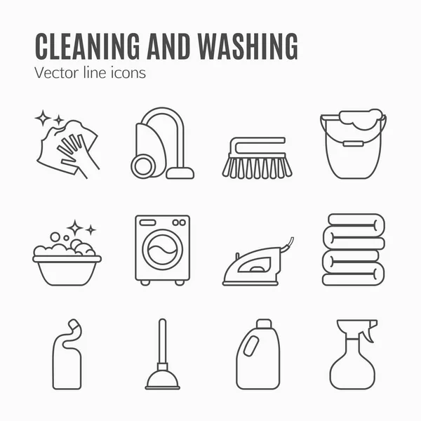 Reiniging, wassen lijn pictogrammen. Wasmachine, spons, mop, Strijkijzer, stofzuiger, schop en andere clining pictogram. Bestellen in de huis dunne lineaire tekenen voor schoonmaak service. — Stockvector