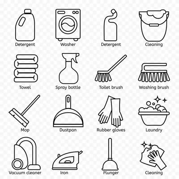 Limpieza, lavar iconos de línea. Lavadora, esponja, fregona, plancha, aspiradora, pala y otro icono. Orden en la casa delgadas señales lineales para el servicio de limpieza . — Archivo Imágenes Vectoriales