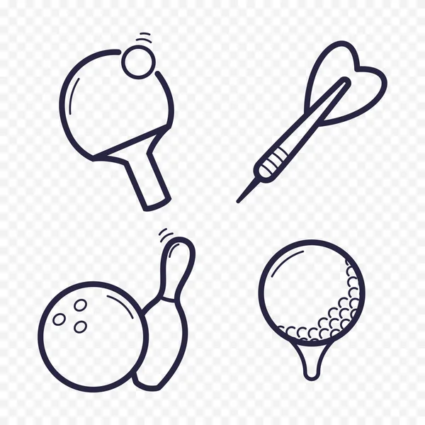Oyun doğrusal simgeler. Masa Tenisi, bowling, golf, boş zaman aktiviteleri Dart. Kumar, spor oyun satırı simgesi. — Stok Vektör