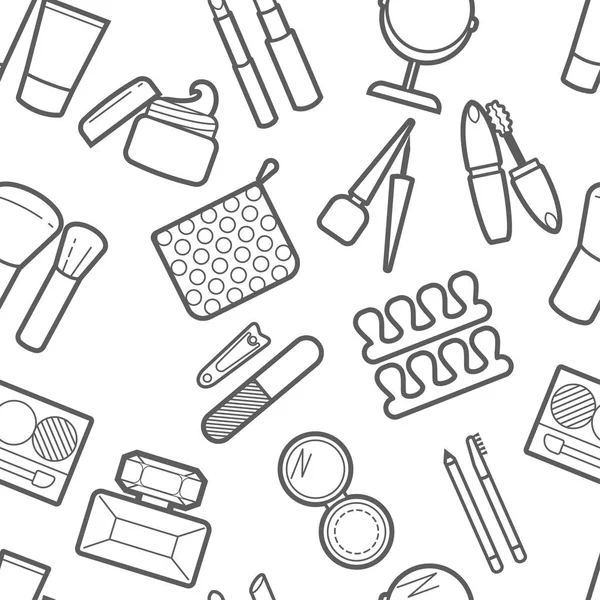 Kozmetik simless desen. Maskara, ruj, toz, göz farı, parfüm, krem, Vakfı, göz kalemi, ayna, saç tarak ve diğer kalıcı makyaj arka plan. Kalıcı makyaj visage zemin.