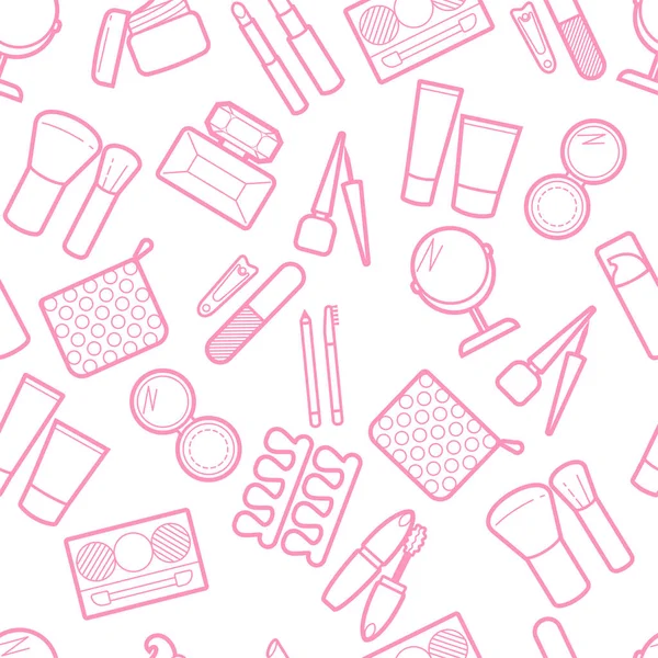 Kozmetik simless desen. Maskara, ruj, toz, göz farı, parfüm, krem, Vakfı, göz kalemi, ayna, saç tarak ve diğer kalıcı makyaj arka plan. Kalıcı makyaj visage zemin.