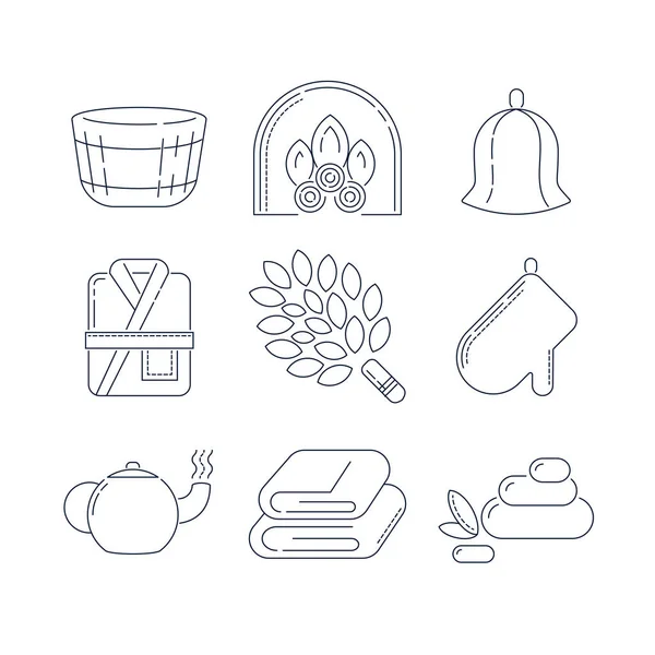 Spa, sauna linear icons. Fireplace, mitt, herbal tea, sauna broom and other accessories for the bath. Health and body care thin line icons. — Stock Vector