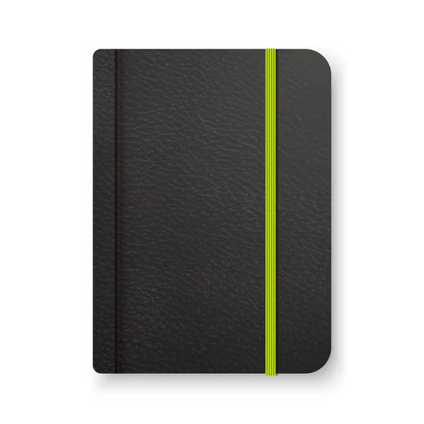 Realistický černý notebook s zelenou gumičkou. Pohled shora šablonu deníku. Uzavřené deník. Vektor Poznámkový blok maketa. — Stockový vektor